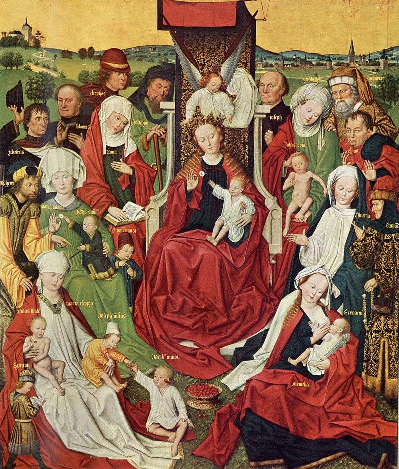 «Святая родня» — изображение семьи святой Анны с её многочисленными внуками. В центре расположена дева Мария, слева от неё Анна с книгой в руках, с тремя своими мужьями позади